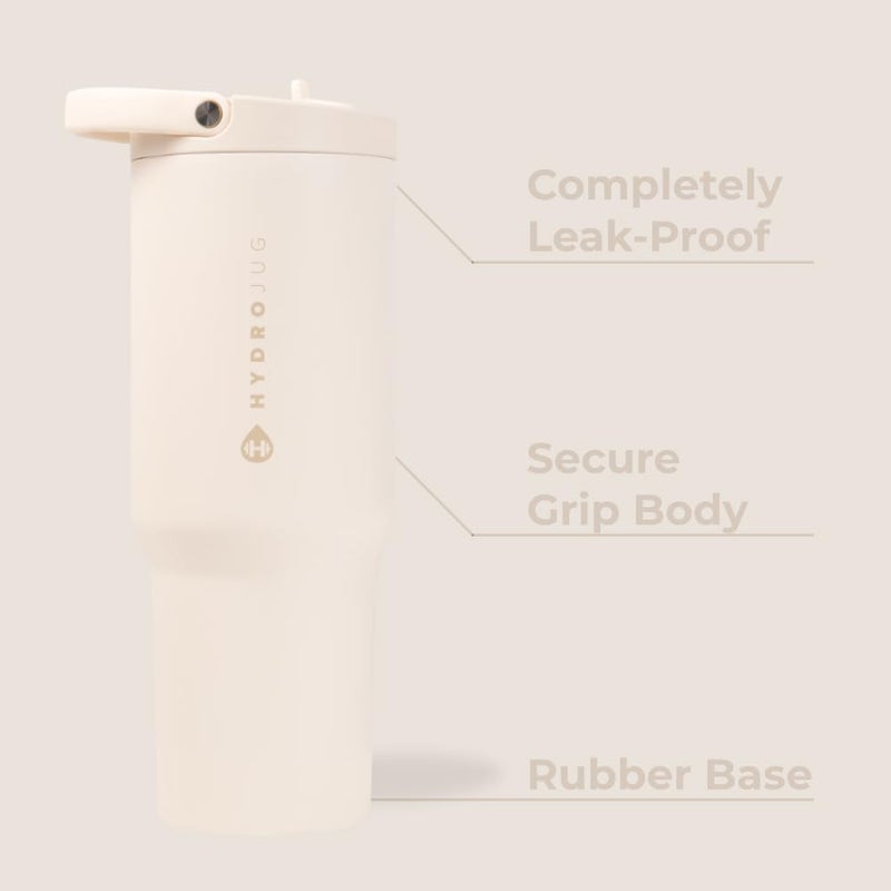 Hydro Jug زجاجة ماء رياضية - كوب من الفولاذ المقاوم للصدأ مع قشة، معزول بالفراغ، سعة 32 أونصة، مضاد للتسرب، تصميم مريح، قابل لإعادة الاستخدام، آمن في غسالة الصحون، قاعدة مطاطية، متين للاستخدام في الصالة الرياضية أو في الهواء الطلق، كريمي - Image 1